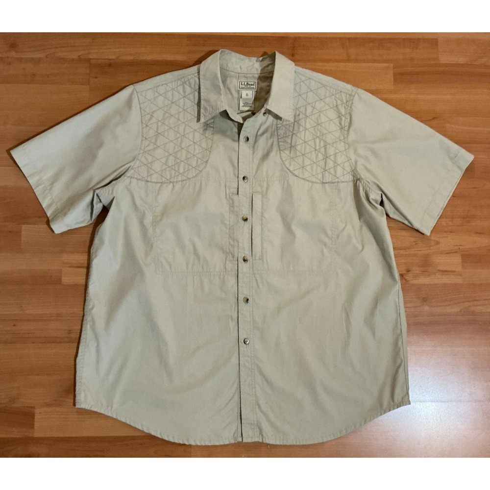 L.L.Bean‎ XL Quilted Shoulder Field Shirt Beige Khaki Cotton Short Sleeve